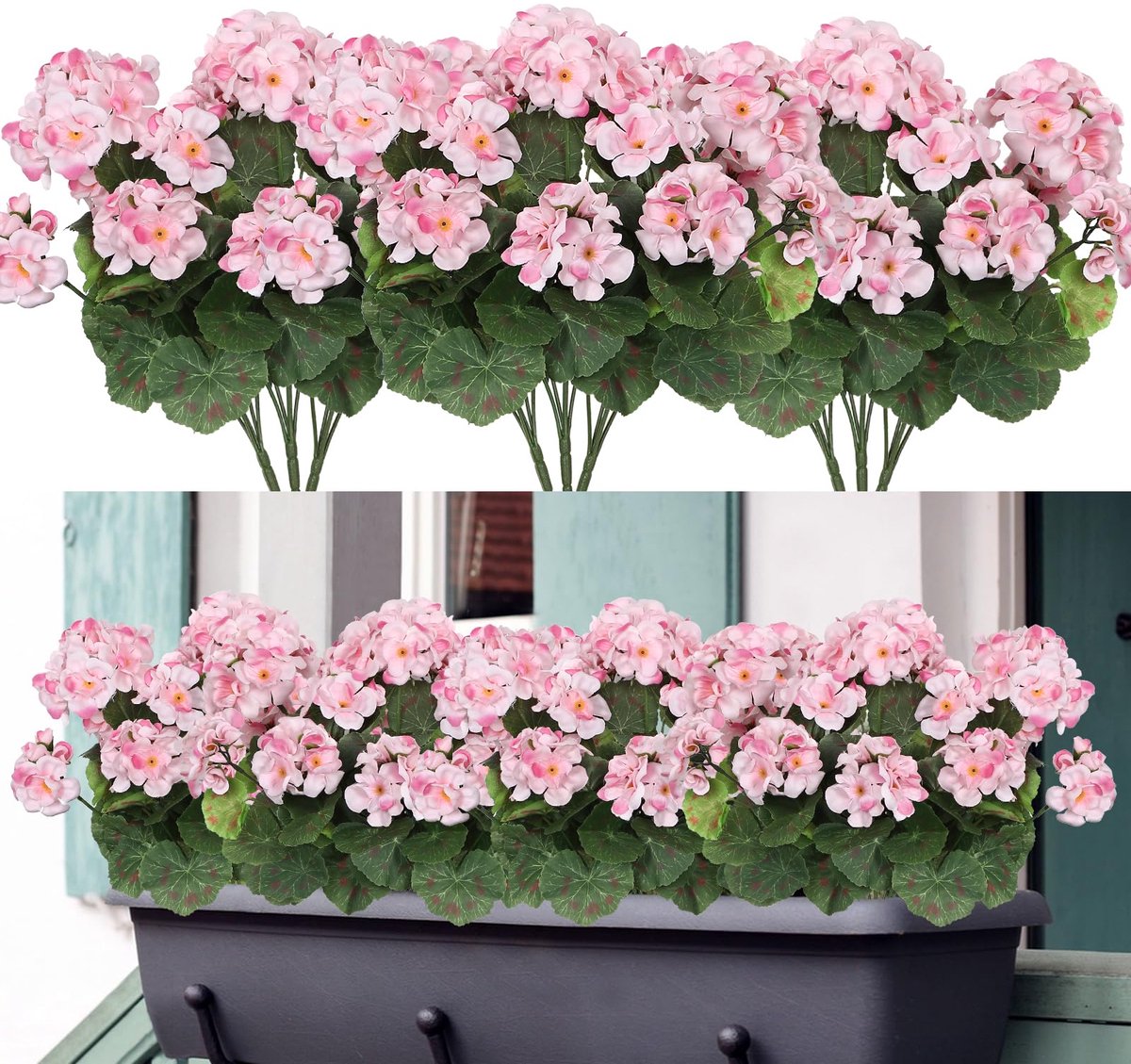 Kunstbloemen, 3 bundels voor buiten en binnen, namaakgeranium, zijden bloemen, decoratie, kunstbloemen, uv-bestendig, geraniumstruik voor hangende tuin, veranda, raam, box, decoratie
