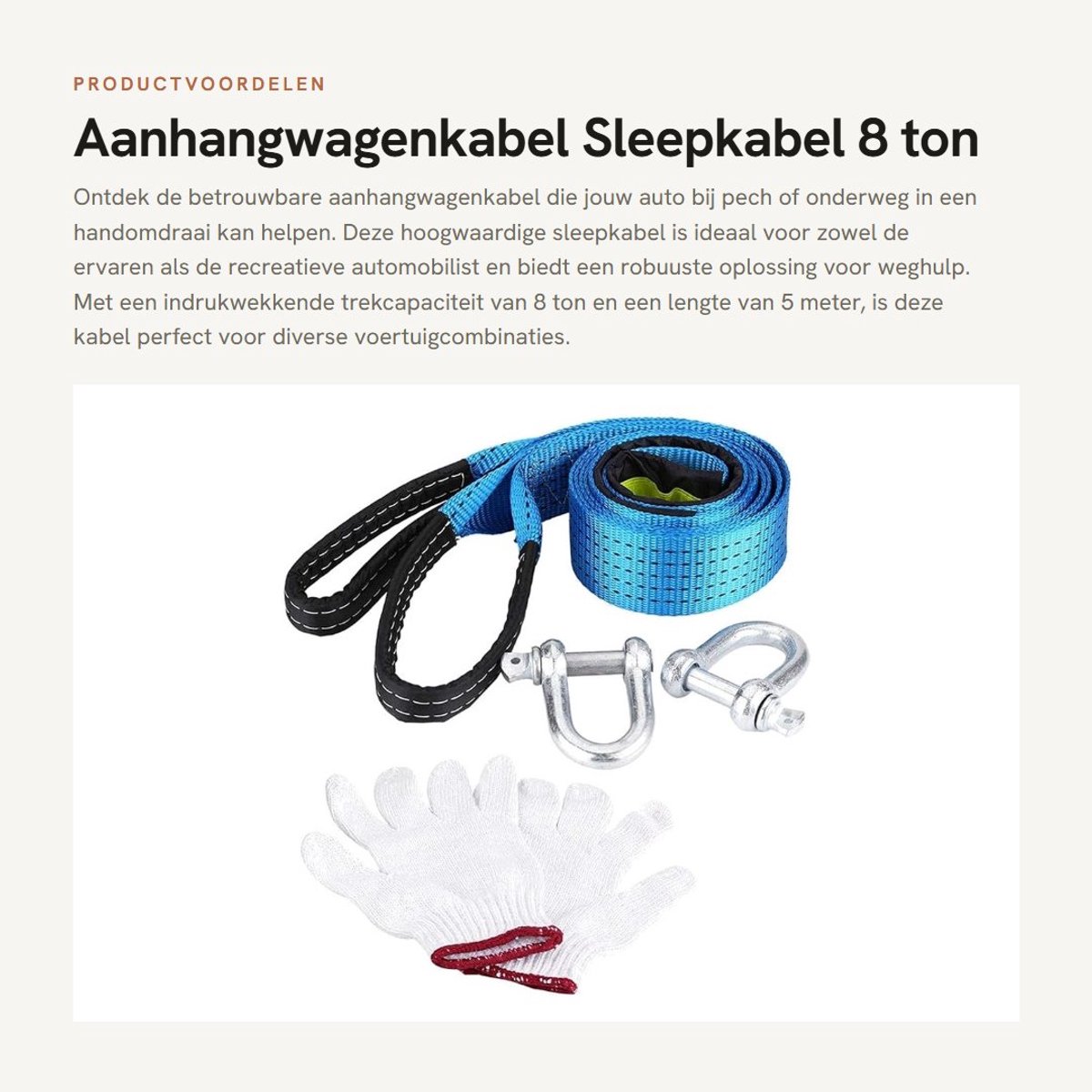 Dailygoods- Aanhangwagenkabel 8 Ton - Sleepkabel - Wegherstel Kabel - Reflecterende Haken - 5 Meter - Duurzaam Polyester/Koolstofstaal