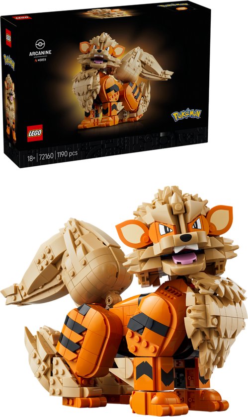 LEGO Arcanine met oranje en beige blokken, zittend, met de doos ernaast.