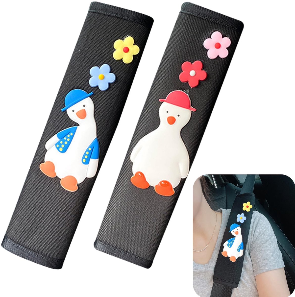 Dailygoods- Veiligheidsgordelhoes 2 Stuks - Eend/Gordelkussen - Autoveiligheidsgordelhoes - Kinderbescherming - Zacht Polyester - 23 x 6,5 cm