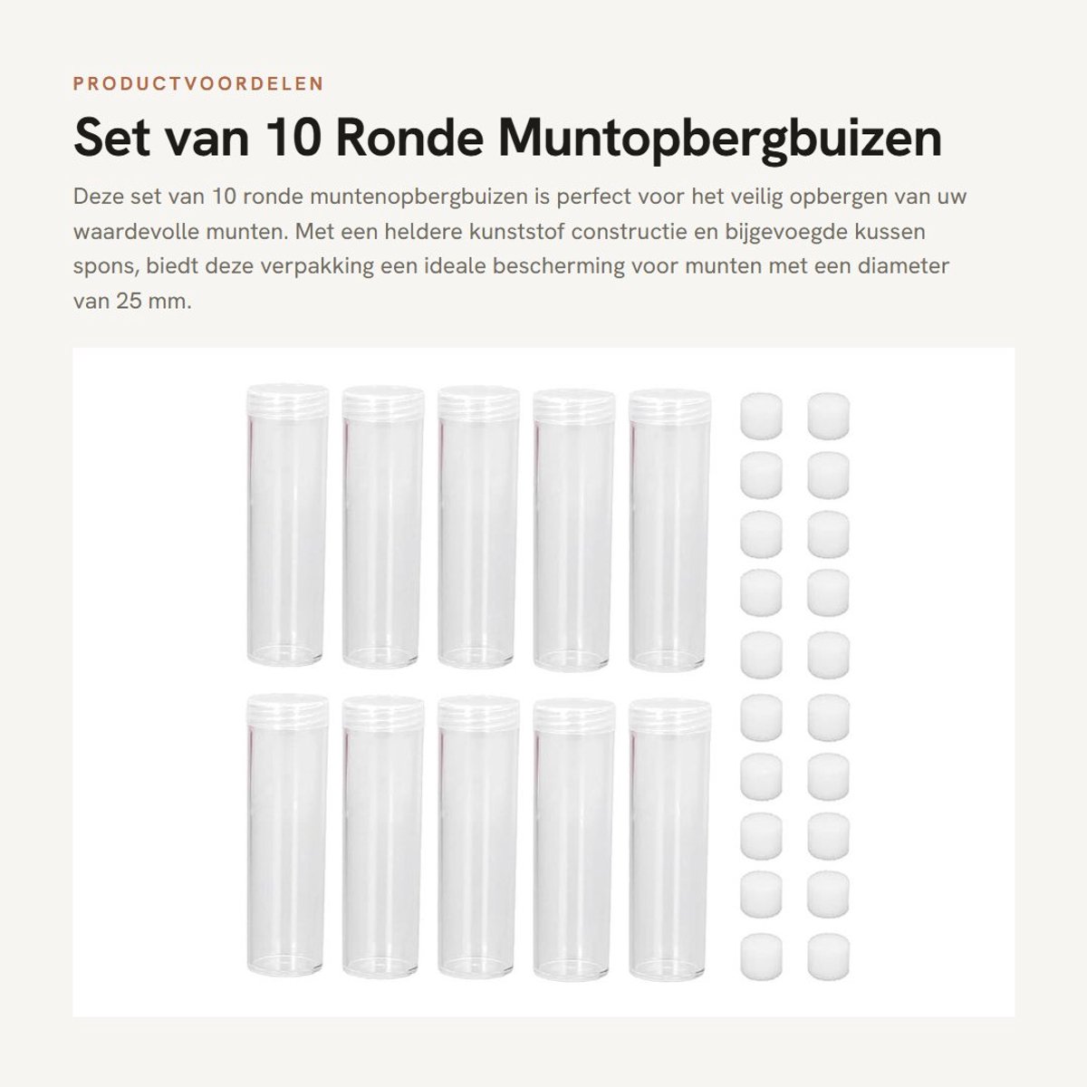 Dailygoods- Munt Opbergbuis 10 Stuks - Ronde Doorzichtige Plastic Buis - Kussen Spons Bescherming - Hoogte 11cm - Diameter 3cm - Stevig Kunststof - Muntenbuis