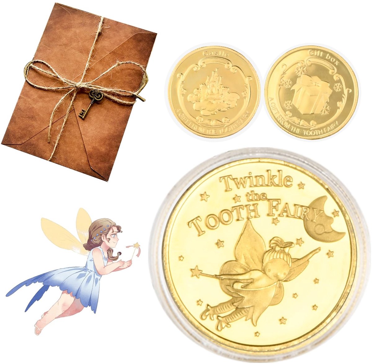 Dailygoods- Tandenfee Cadeauset met Gouden Munten - 2 Enveloppen - 4 Briefpapier - Sleutelbedels - Touw - IJzer Verguld