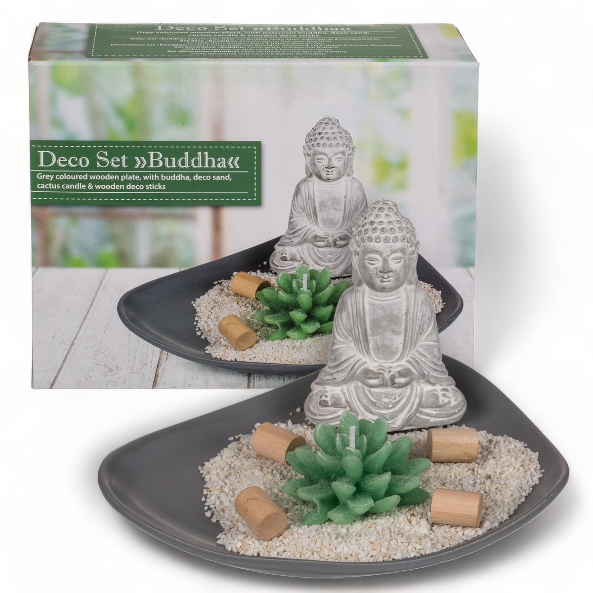 Dailygoods- Decoratieset - Cement Boeddha - Cactuskaars - Houten Sticks - Grijs Houten Bord - 20 x 16 cm - Woonaccessoires