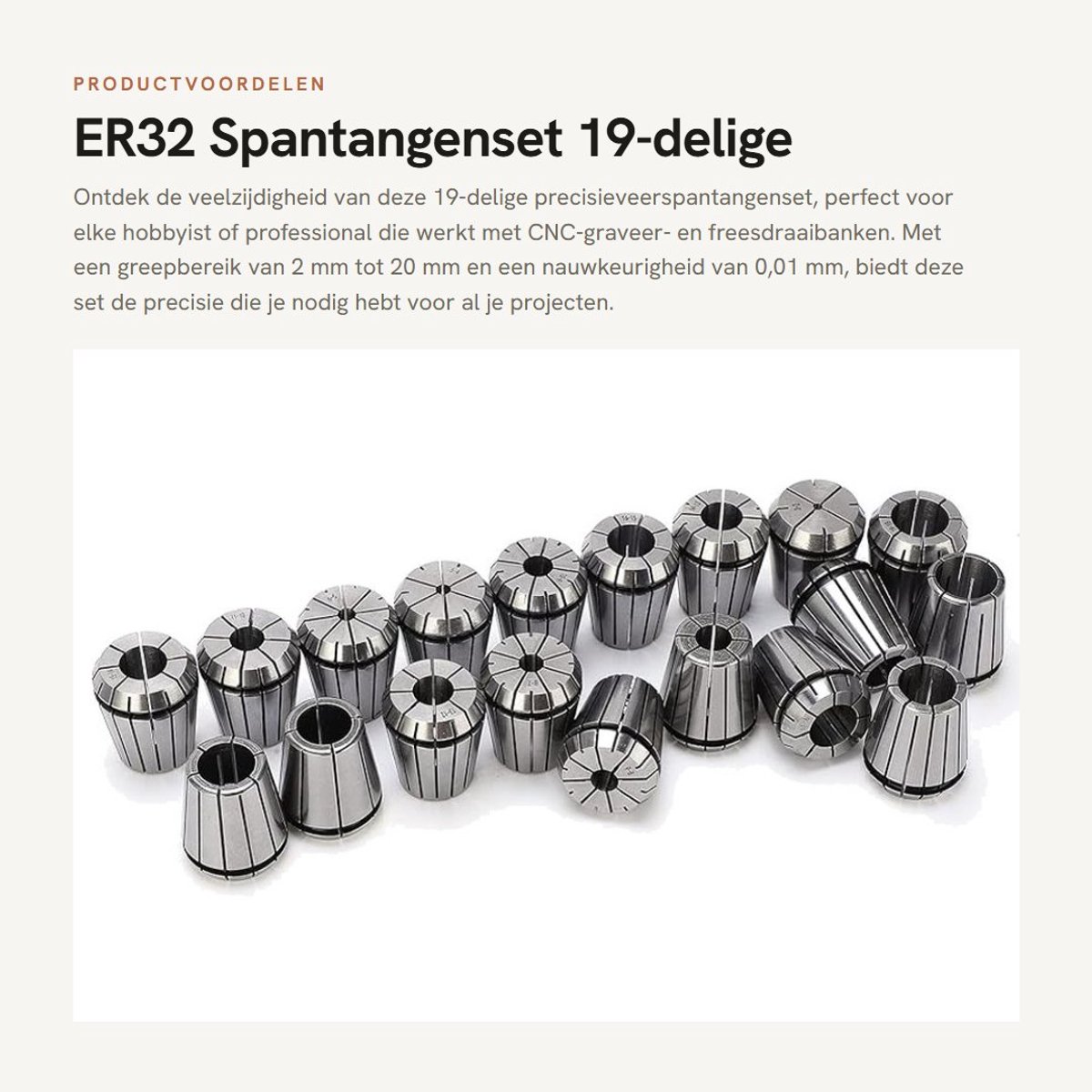 Dailygoods- Spantangenset 19-delig - ER32 - Greepbereik 2-20 mm - Nauwkeurigheid 0,01 mm - Hoogwaardig verenstaal - Voor CNC-frezen en graveren - Spantang