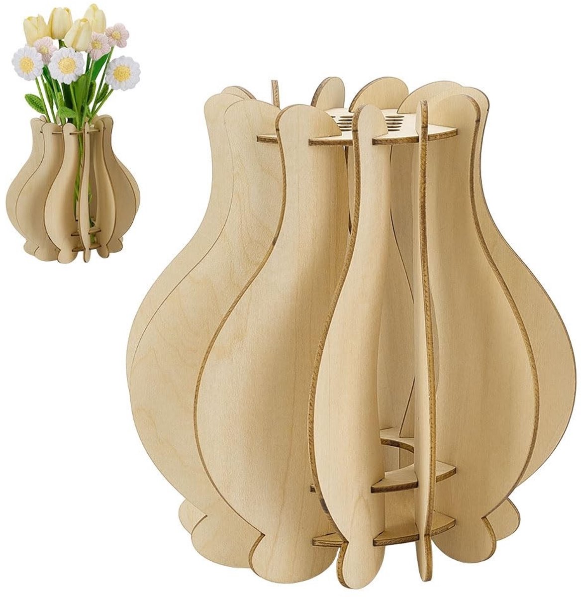 Dailygoods - Houten Puzzels Bloemenvaas - Antieke Witte Houten Vaas voor Bloemen