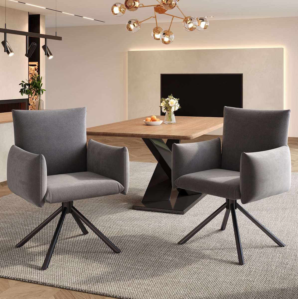 DESMIU Eetkamerstoel - 60 x 88 cm - Set Van 2 - 360° Draaibaar Met Armleuningen En Rugsteun - Voor Eetkamer En Woonkamer - Velvet Grijs