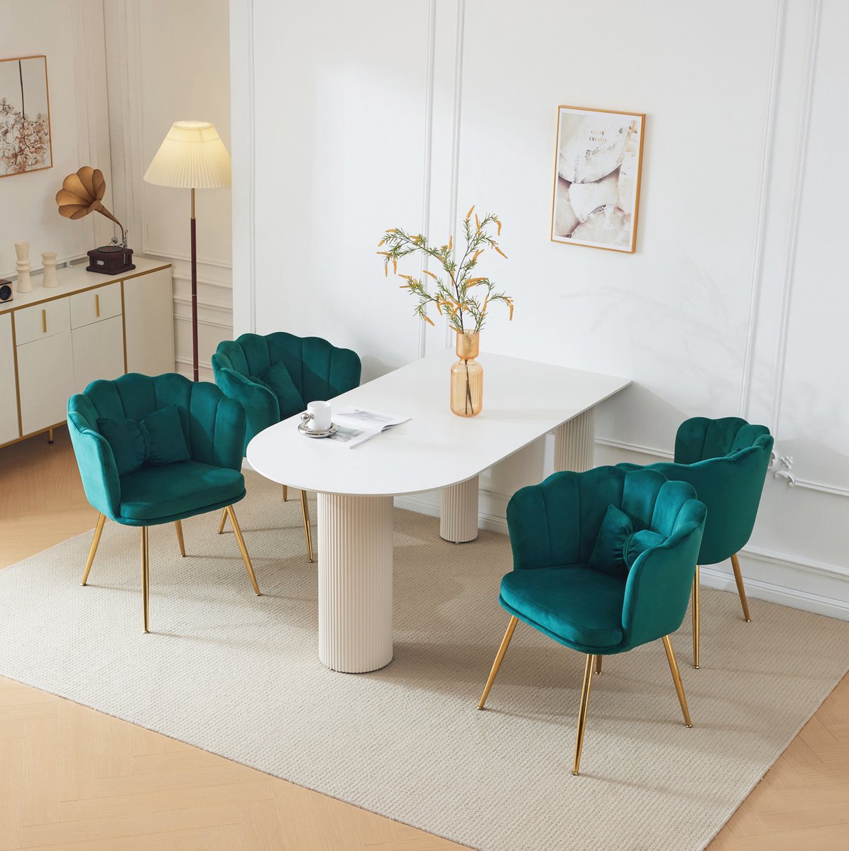 DESMIU Fauteuil Groen - Set Van 4 - Petal Design Met Gouden Metalen Poten En Gewatteerde Zitting - Voor Woonkamer, Slaapkamer En Eetkamer - Fluweel