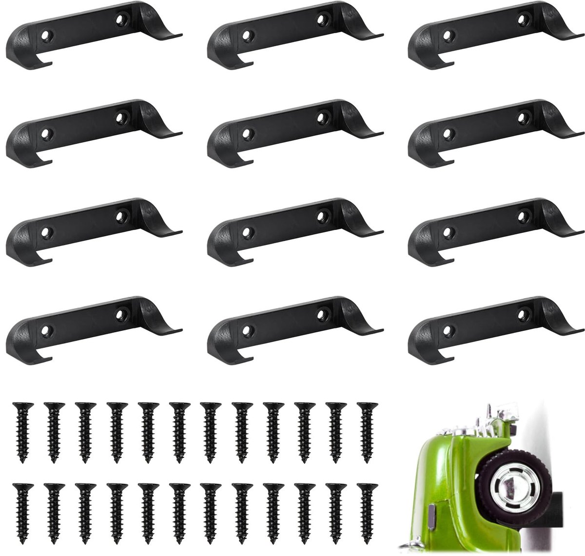 Dailygoods- Wandhouder - 12 stuks - Zwart - ABS-kunststof/koolstofstaal - Modelauto/auto tentoonstelling - Robuust ontwerp - Inclusief 24 schroeven - Modelautohouder