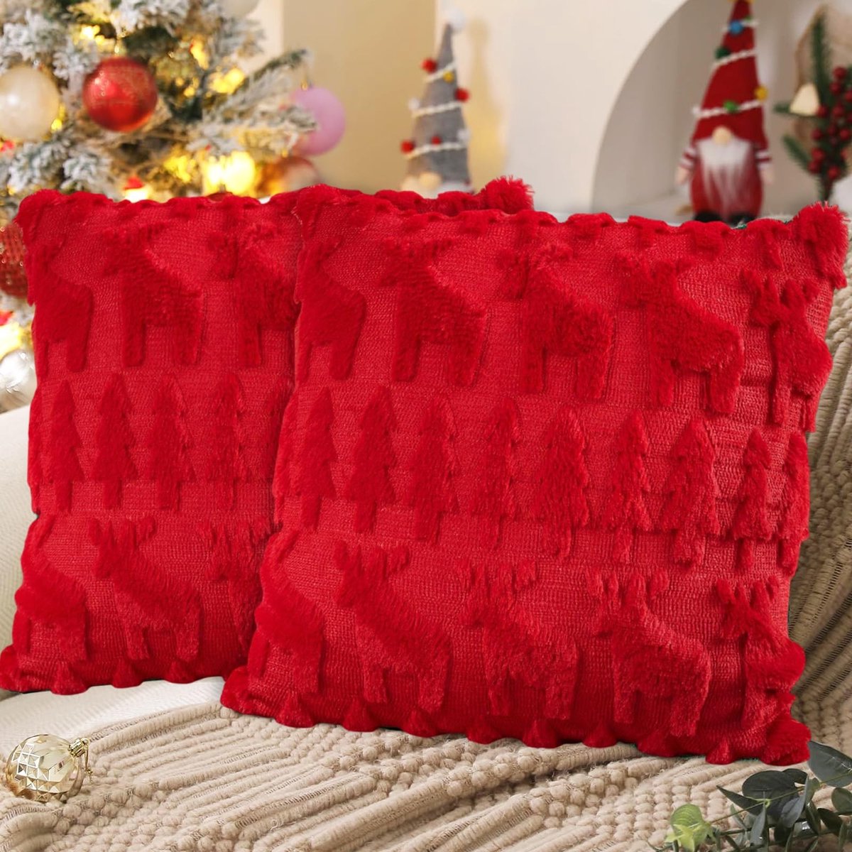 Dailygoods- Kussensloop Set van 2 - Kerst Kussensloop 45x45 cm - Kussenhoes Rood - Decoratie voor Bank/Sofa - Slaapkamer Decoratie