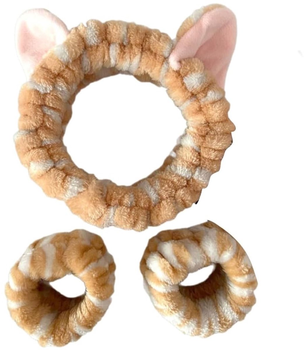 Dailygoods - Haarsieraden, een haarband en twee haarelastiekjes, elastische haaraccessoires, pluche kattenoren, geschikt voor het wassen van gezicht en make-up