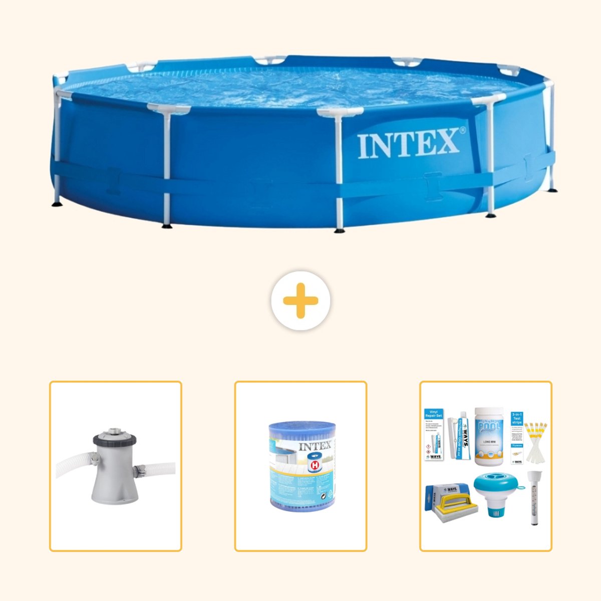 Intex Rond Frame Zwembad – 305 x 76 cm – Blauw – Inclusief Zwembadfilterpomp – Filter – Onderhoudspakket – 4-delig