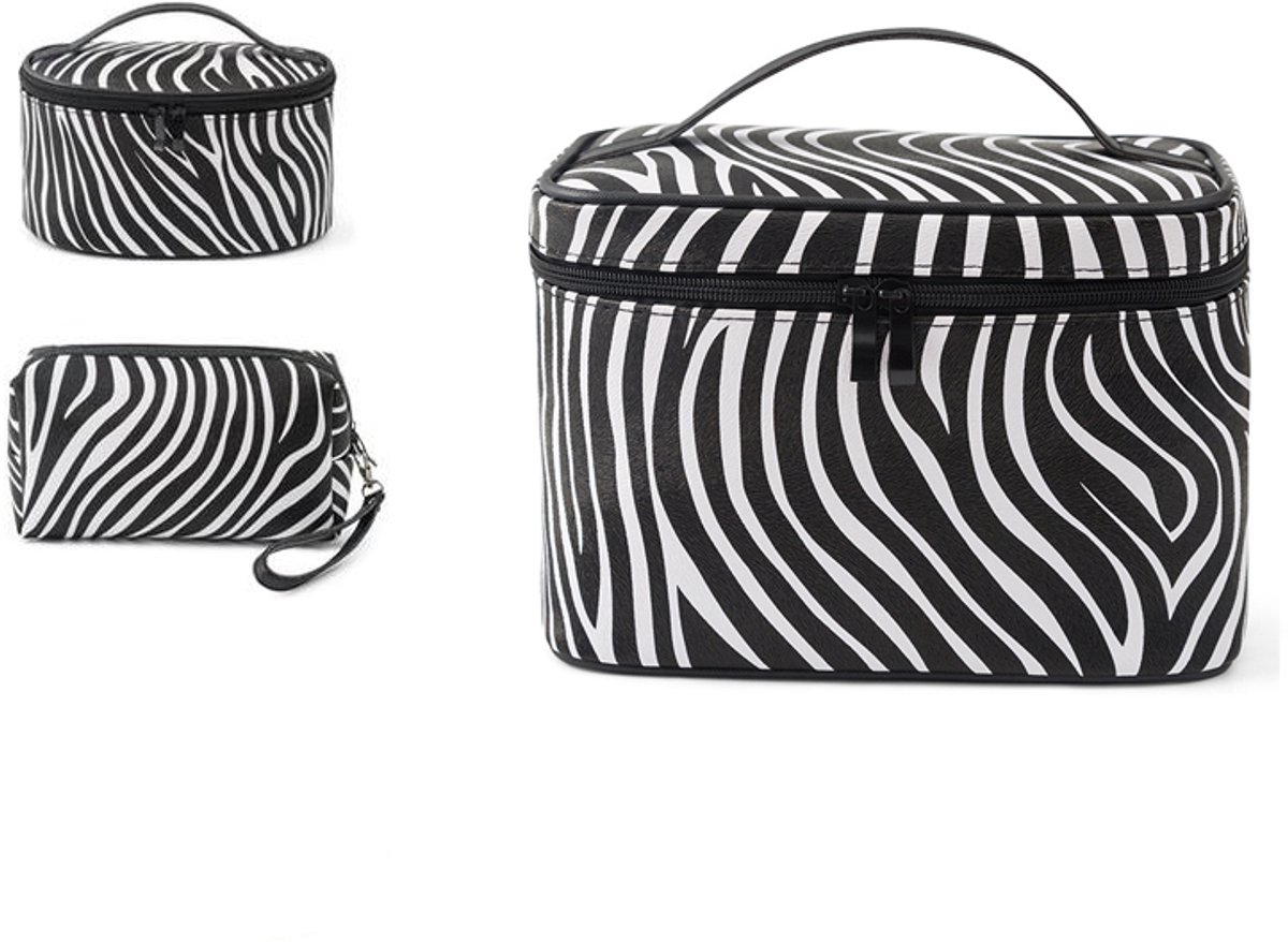 KZQ make-uptasje met spiegel, rits en zebraprint - compact en lichtgewicht - geschikt voor dames, voor op reis en dagelijks gebruik - zwart/wit - 21,5 x 16,5 x 15,5 cm