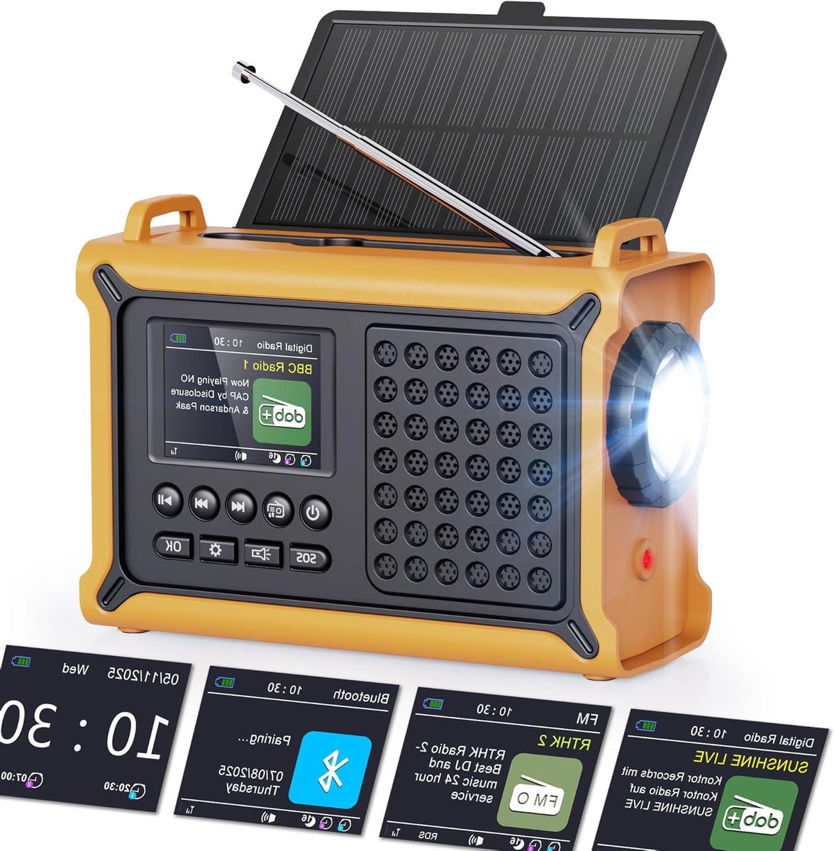 Noodradio met Solar - Draagbare Radio - Kamperen en Noodgevallen - 12000mAh Batterij - 17.3 cm - Geel