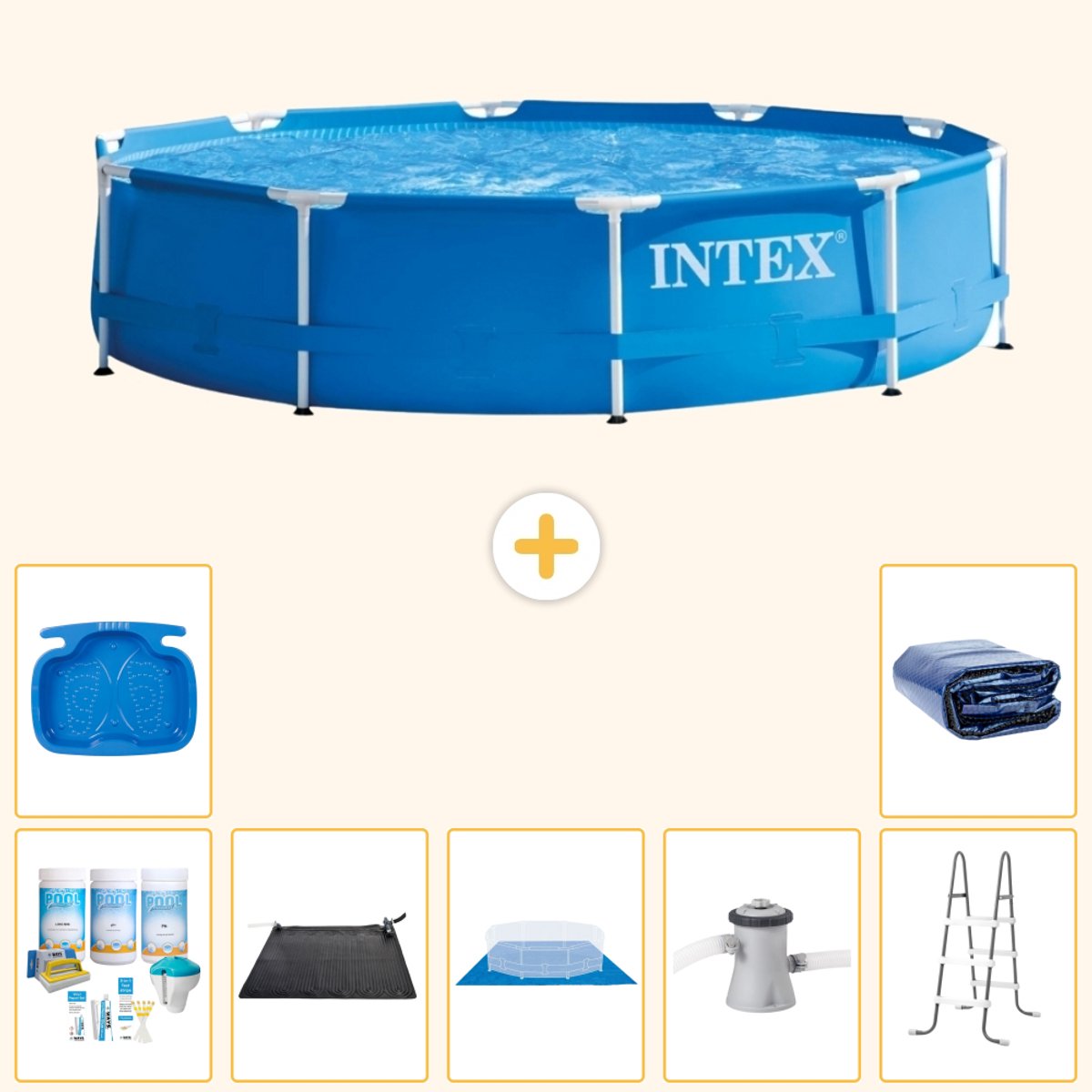 Intex Rond Frame Zwembad – 305 x 76 cm – Blauw – Inclusief Onderhoudspakket – Solar Mat – Grondzeil – Zwembadfilterpomp – Voetenbad – Ladder – Solarzeil – 8-delig