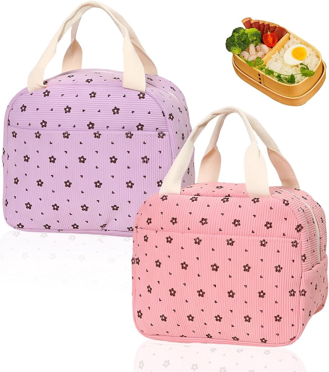 2 stuks lunchbox tas, corduroy en aluminiumfolie voering geïsoleerde lunchtas, roze en lila lunch koeltas, met buitenzak, voor picknick, school, kantoor