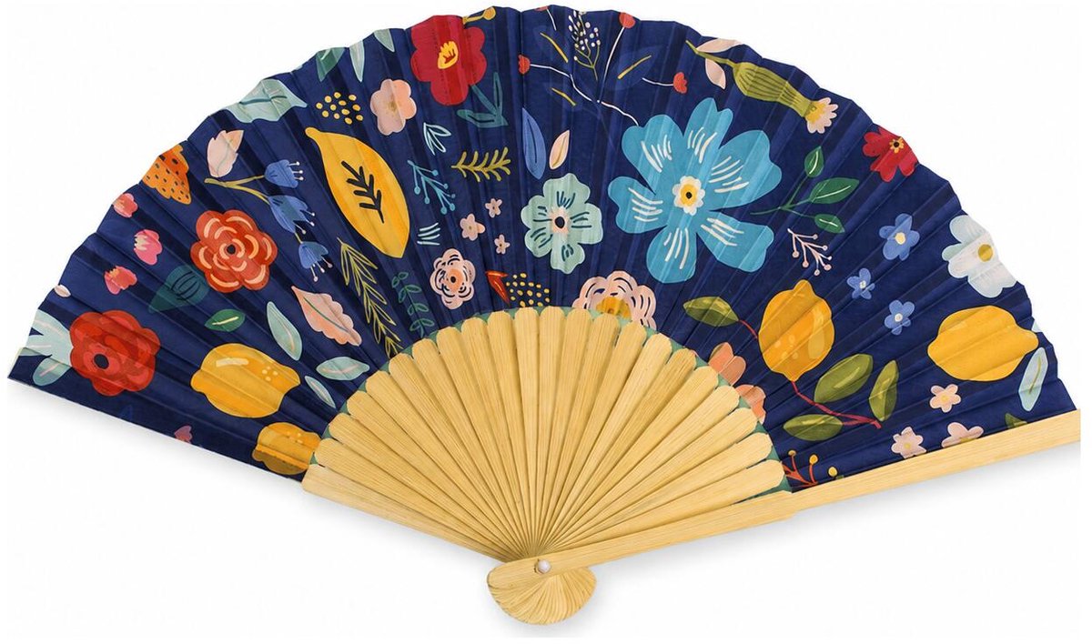 Spaanse hand waaier - bloemen - blauw - 21 cm - bamboe/papier