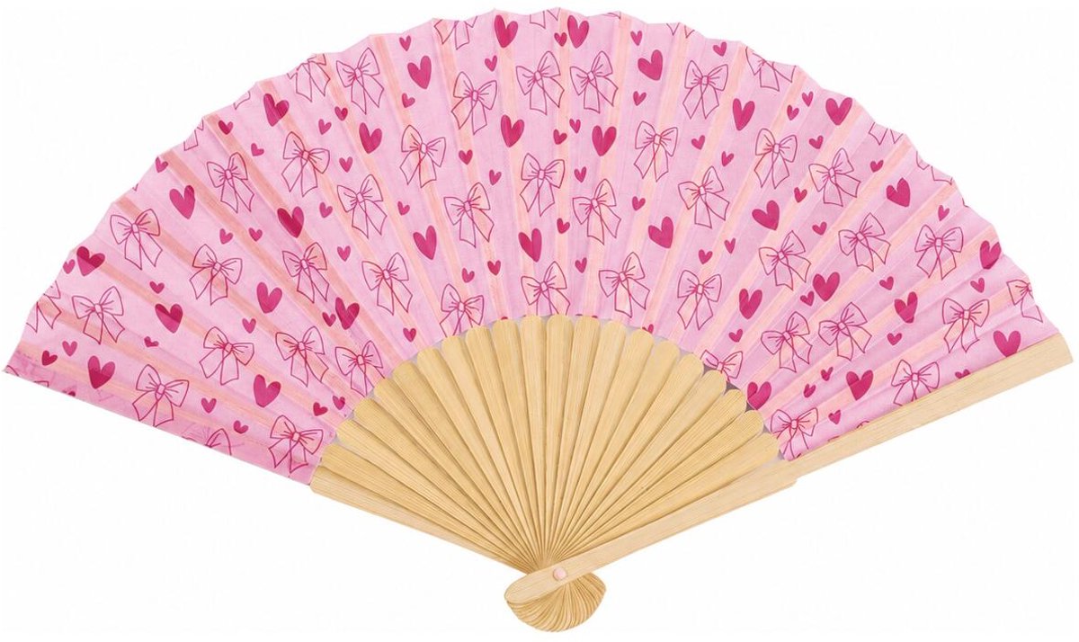 Spaanse hand waaier - Strik/hart - licht roze - 21 cm - bamboe/papier