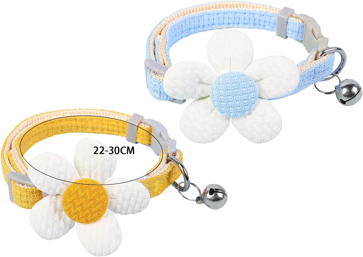 Leuke 2-delige kattenhalsbandset - één blauwe en één gele, versierd met 3D-bloemen en belletjes, gemaakt van nylon, verstelbaar en gemakkelijk om te doen (blauw, geel).