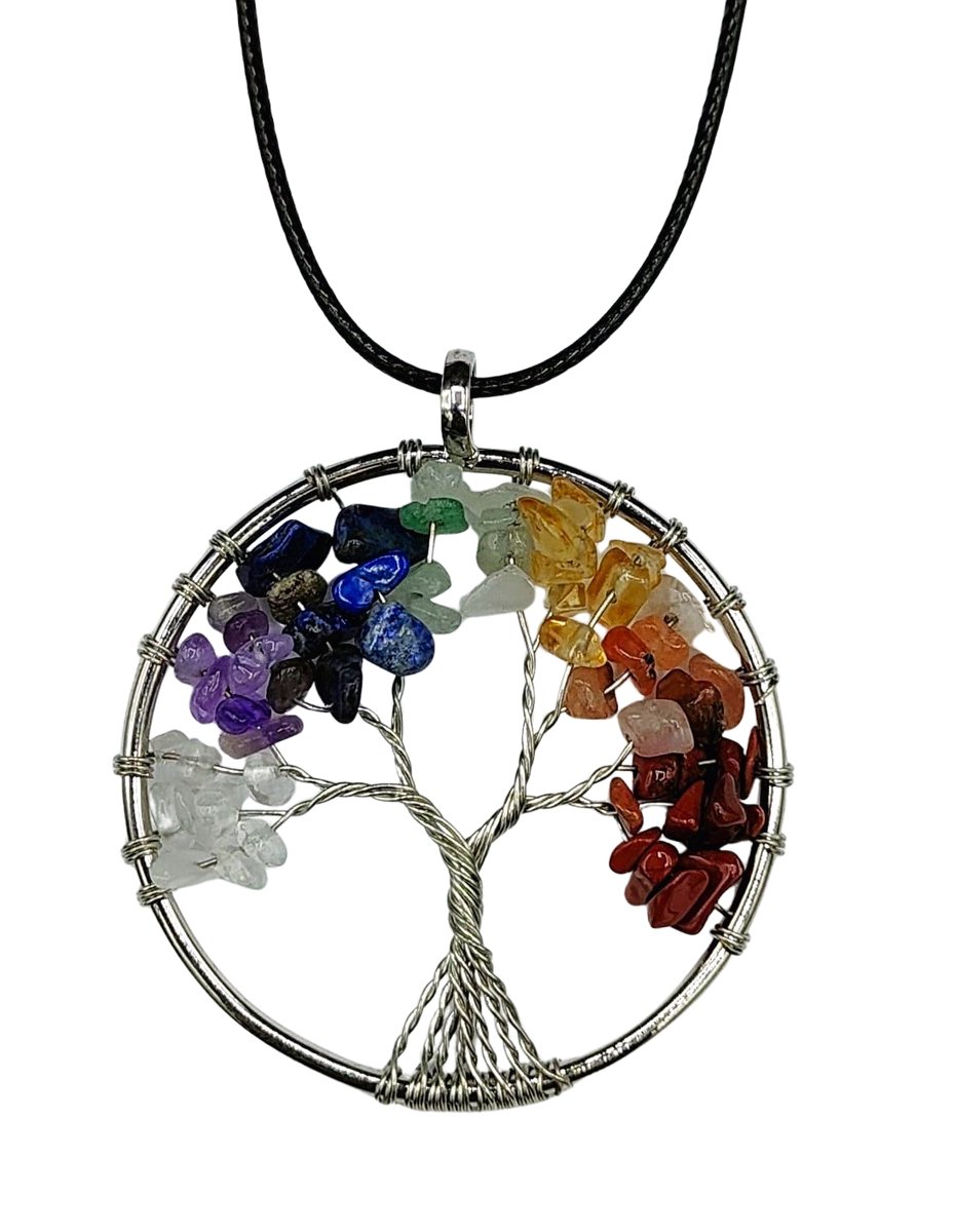 ASTRADAVI Kristal Tree of Life - Hanger - Levensboom Positieve Energie Hanger met Ketting - Chakra Kristal Edelstenen - Veelkleurig Kristallen met Zwart Vegan Lederen Koord