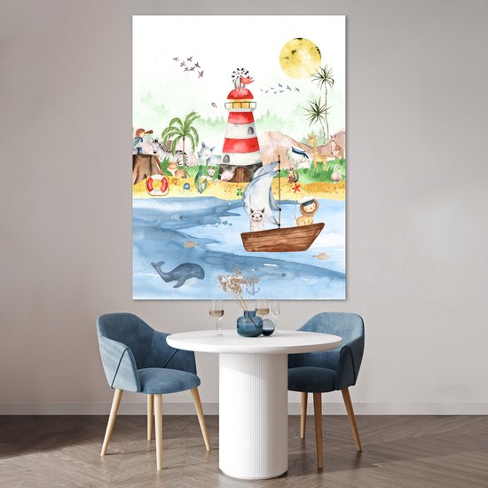 Poster kinderen - Wanddecoratie jongens - Strand - Dieren - Kinderen - Vuurtoren - Poster kinderkamer - 120x160 cm - Decoratie kinderkamers - Kinderkamer decoratie - Poster Babykamer — afbeelding 2