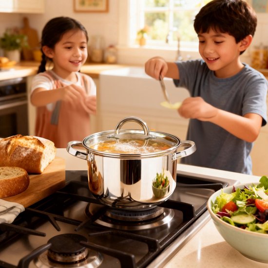Een roestvrijstalen kookpan met glazen deksel staat te koken op een gasfornuis, naast brood en salade. Twee kinderen kijken toe.