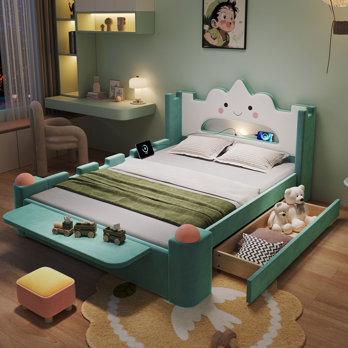 STILVORA Kinderbed 140x200 cm – Wolkenbed Met LED-Leeslamp En USB-Aansluiting – Met Opberglade En Klapbare Plank – Voor Kinderkamer – Zachte Stof – Blauwgroen – Zonder Matras