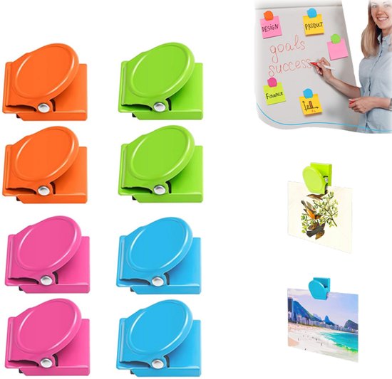 8 Stuks Magneetclips - Magneetklemmen voor Koelkast en Whiteboard - Sterke Magneet Clips - Papierklemmen voor Foto's, Notities en Documenten - 35 mm - Oranje/Roze/Groen/Blauw