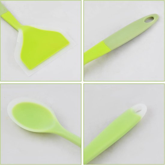 Set van 3 siliconen kookgerei, hoge hittebestendig, grote solide spatels met twee lepels, ideale keukendraaiers voor frituren, bakken, omdraaien van eieren, pannenkoeken, antikleefkeukengerei, groen — afbeelding 2
