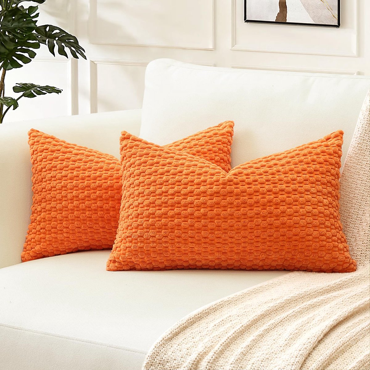 Decoratieve corduroy kussenhoezen met pompons, 30 x 50 cm, super zachte, boho, gestreepte lendenkussenhoezen, hoes geometrisch voor bank, slaapkamer, auto, decoratie, set van 2, oranje