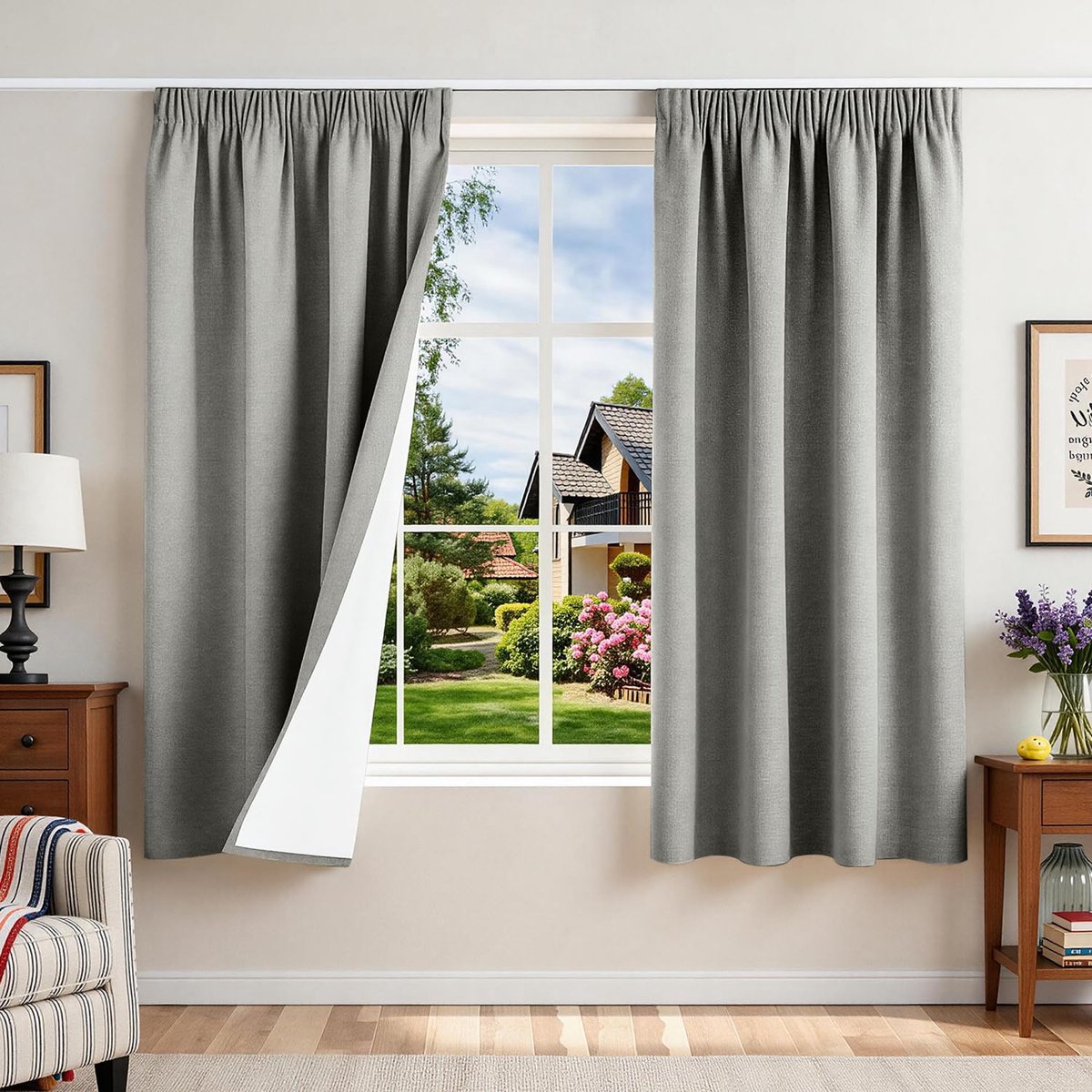 100% ondoorzichtige gordijnen met plooiband, linnenlook, verduisteringsgordijnen, 160 x 140 x 2 cm, lichtgrijs, thermische gordijnen, bescherming tegen kou, woonkamer, verduisteringsgordijn