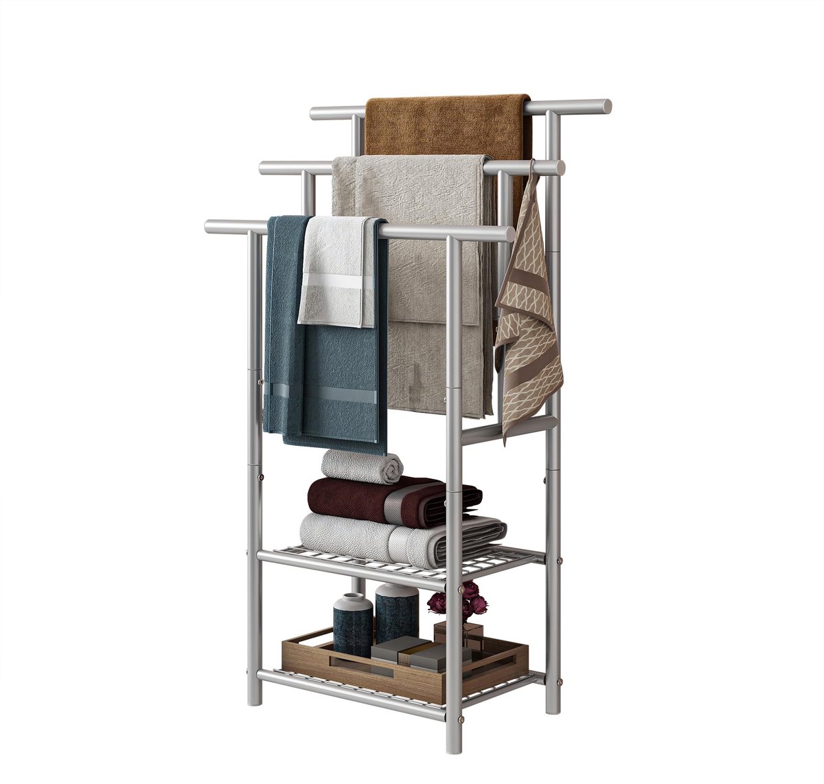 Handdoekenrek, handdoekenrek, staand met 3 handdoekstangen, metalen badhanddoekhouder met 2 planken, voor badhanddoeken, plafonds, ruimtebesparend, stabiel, industriële stijl, zilver