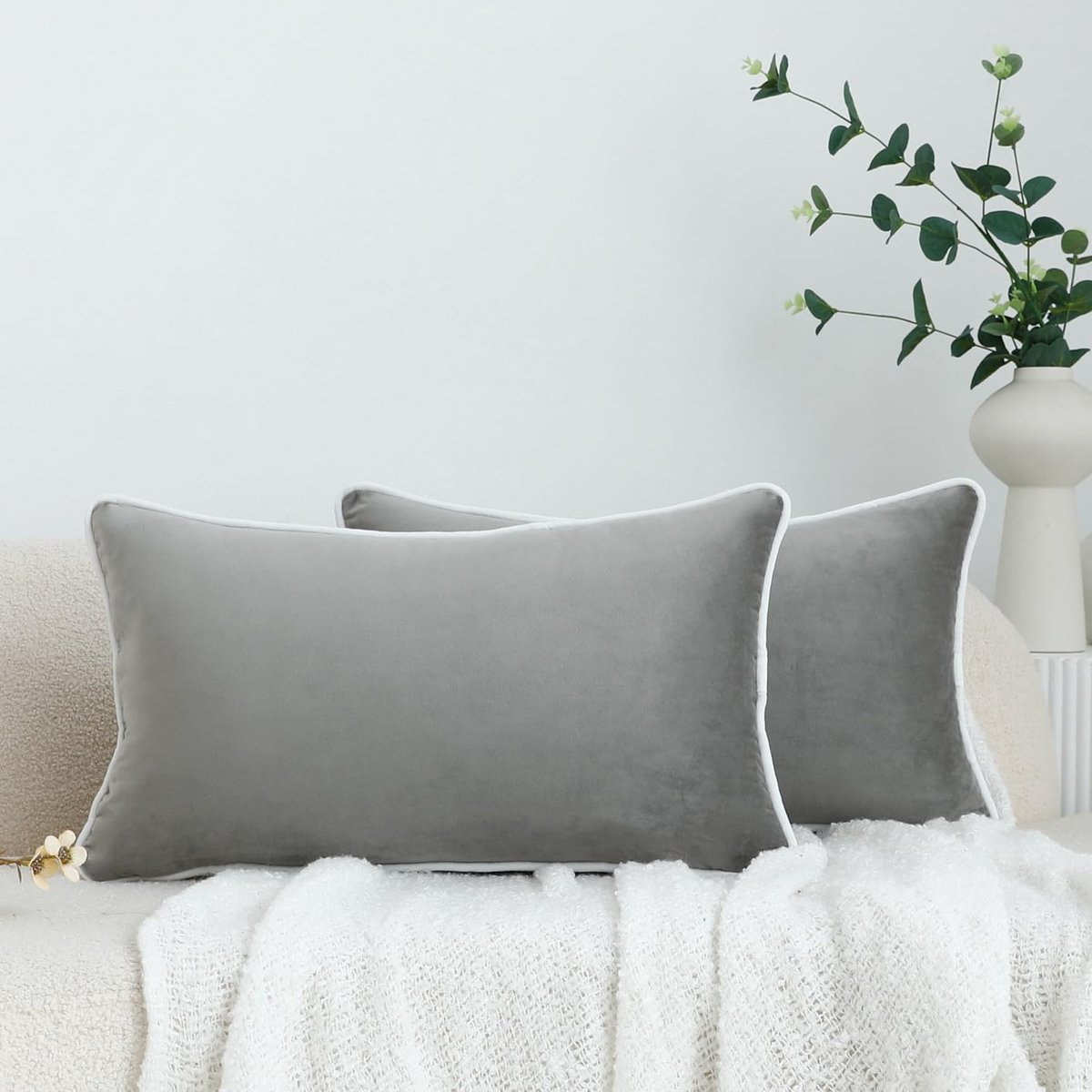 Set van 2 luxe decoratieve kussenhoezen, fluweel, zachte sierkussenhoezen, eenvoudig, rechthoekig lendenkussen, decoratie, bankkussens voor woonkamer, bank, slaapkamer, auto, grijs, 30 x 50 cm