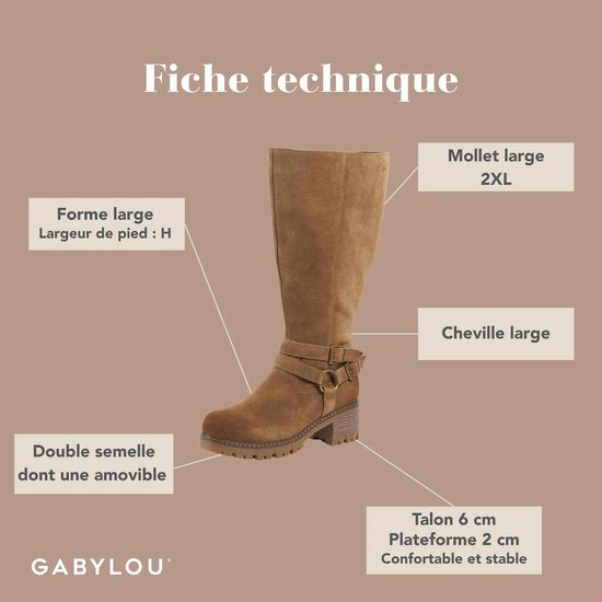 Bruine suède laars met gespen, 2XL brede kuit, brede voet H, uitneembare zool en 6 cm hak.
