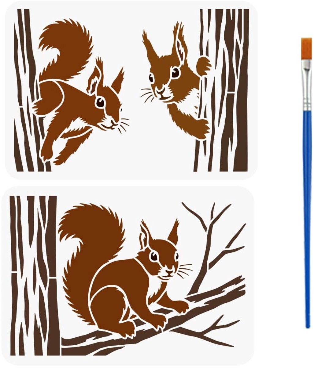 Dailygoods- Sjablonen Herbruikbaar - 2 Stuks - Eekhoorns in het Bos - 29,7 x 21 cm - Schilderen op Muren - Creatieve Inspiratie - Verfsjablonen