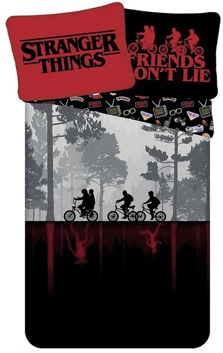 Dailygoods- Dekbedovertrek Omkeerbaar 140 x 200 - Kussensloop 70 x 90 - 100% Katoen - Stranger Things - Zwart/Rood/Multi - Officiële Merchandise - Beddengoedset