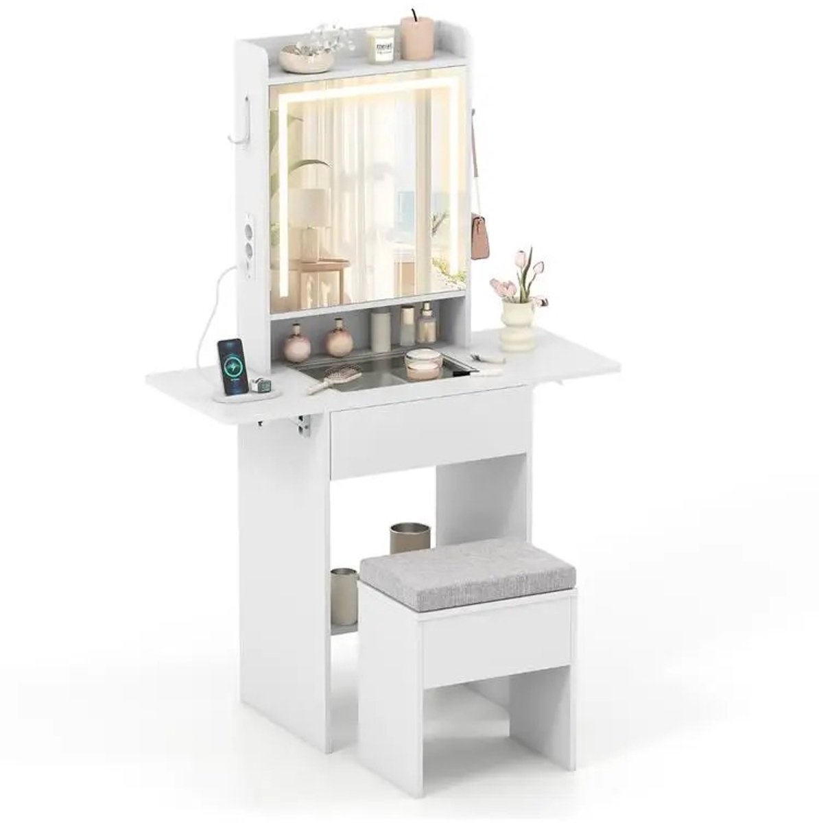 Dailygoods Kaptafel met spiegel en verlichting, make-uptafel met zichtbaar blad, stopcontacten, opklapbare panelen, 3 ve