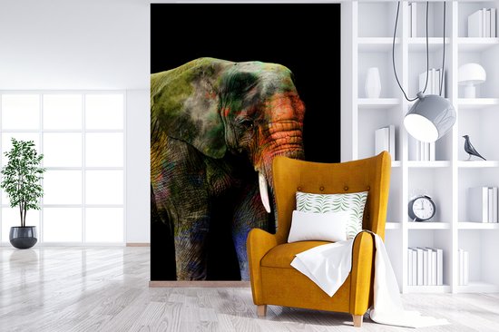 Behang - Fotobehang Olifant - Verf - Zwart - Breedte 225 cm x hoogte 350 cm