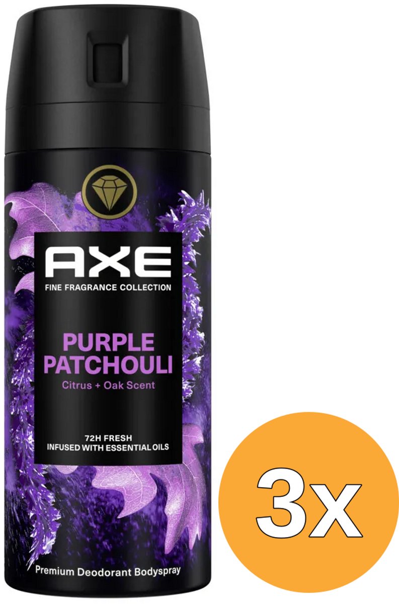 3x Axe Body Spray Purple Patchouli (150 ml)