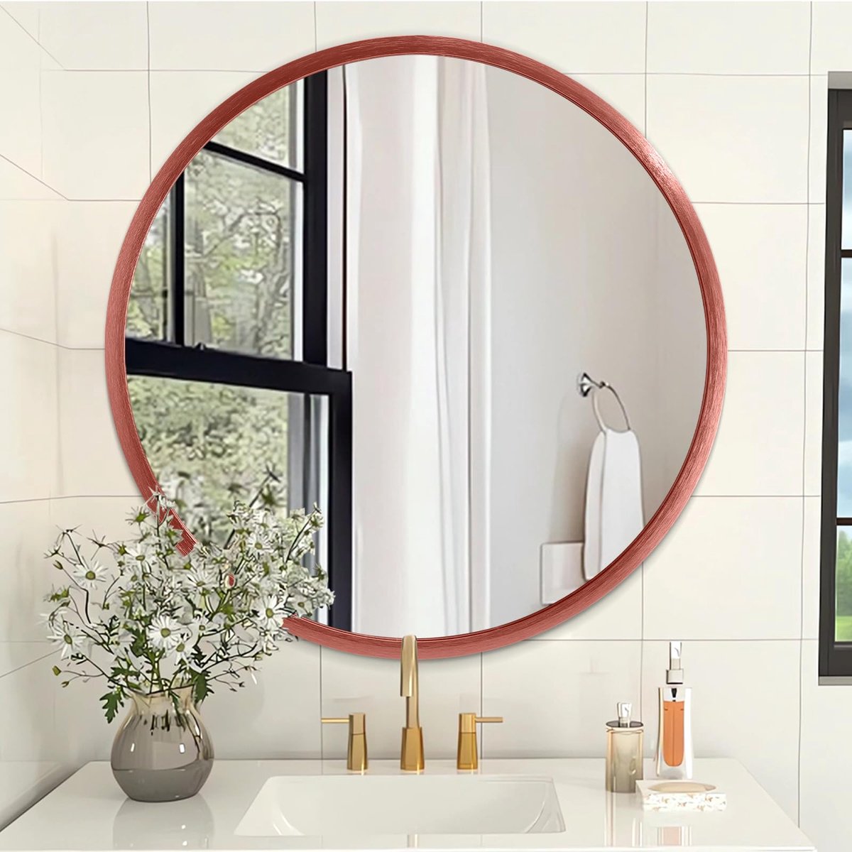 Aluminium staal metaal ingelijst badkamer voor muur gemonteerd ronde ijdelheid spiegel actieve hangende spiegel voor badkamer slaapkamer 16 inch rood