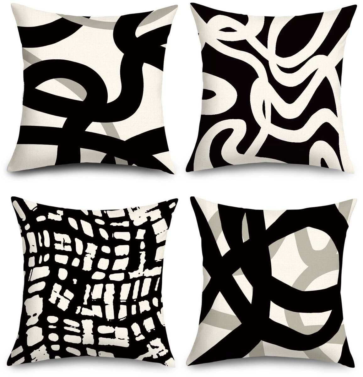 kussenslopen in zwart-wit, 45 x 45 stuks, geometrische abstracte moderne lijn, gestreept, vierkant, sierkussensloop, decoratieve bankkussens met onzichtbare rits