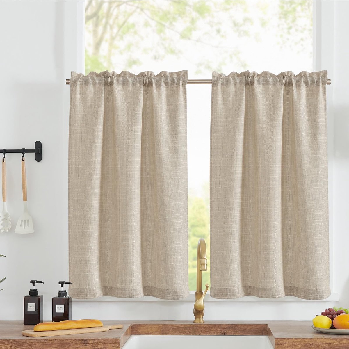 Gordijn met tunnelzug, moderne gordijnen, kort, lichtdoorlatend, linnenlook, keukengordijnen voor kleine ramen, camper, keukenraam, set van 2, 115H x 70B cm