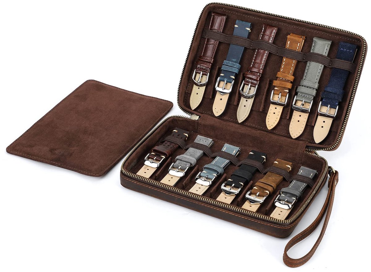 Horlogeband-organizer, echt leer, reisetui, voor 12 horlogebandjes, opbergtas, geschikt voor de meeste maten horlogebandjes