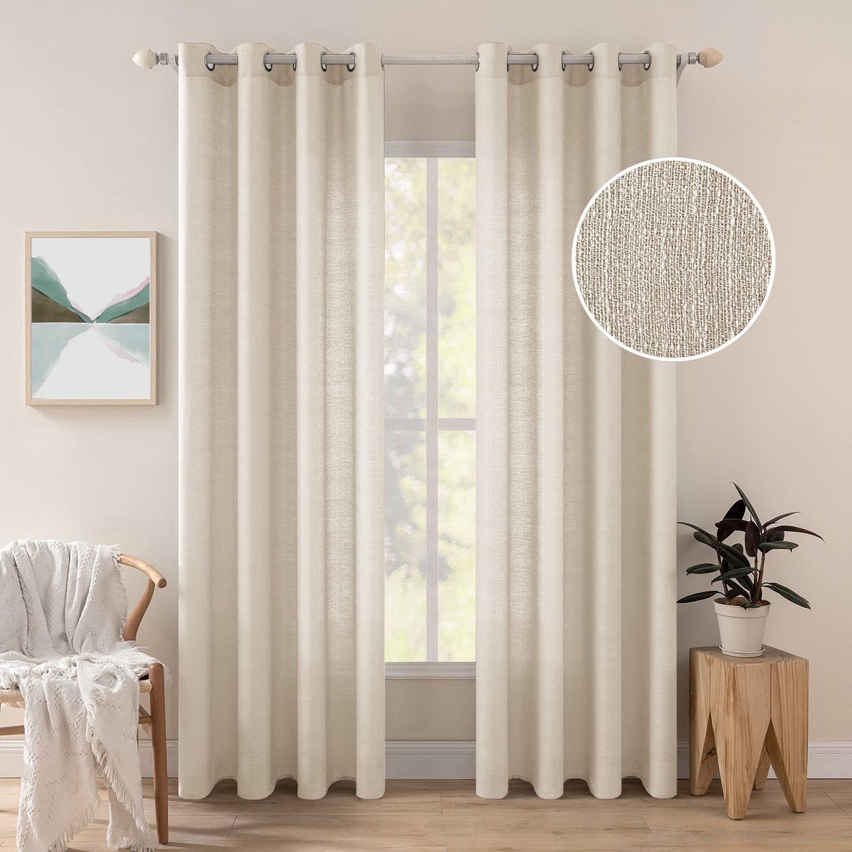 Gordijnen van linnen, transparant, voor woonkamer met ringen, voor slaapkamer, keuken, woonkamer, modern, elegant, raam, 140 x 145 cm, lichtbeige
