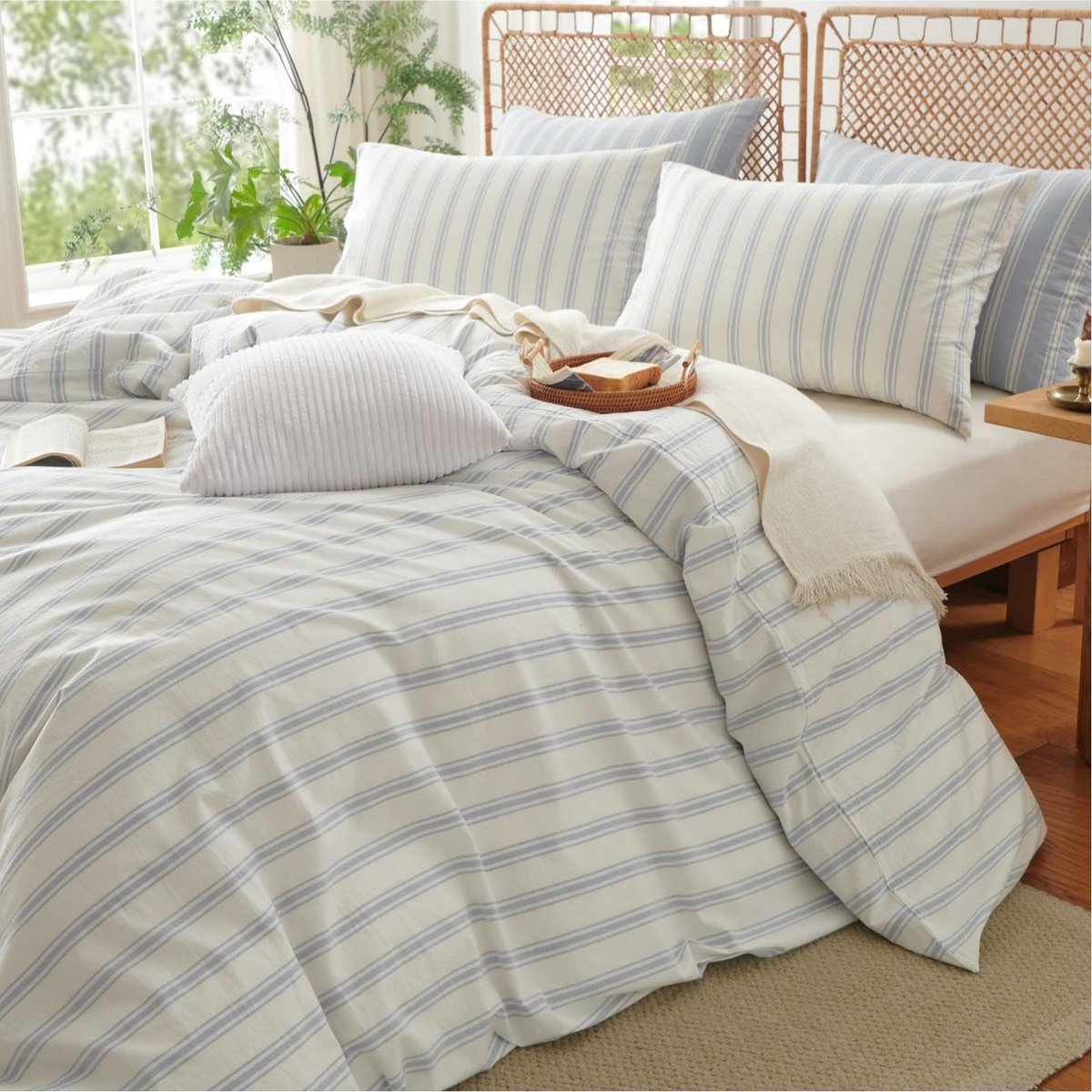 Beddengoed, 220 x 240 cm, katoen, gestreept, wit/blauw, 100% renforcé katoen, beddengoedset met ritssluiting, Öko-Tex beddengoed geschikt voor mensen met allergieën, 1 dekbedovertrek en 2