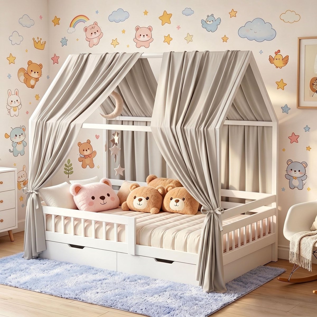 2 stuks huisbed, hemel, bedhemel, babybed van mousseline, zacht en ademend, baldakijn, kinderkamer, decoratie, huisbed, hemel, decoratieset voor meisjes en jongens, 135 x 350 cm, beige