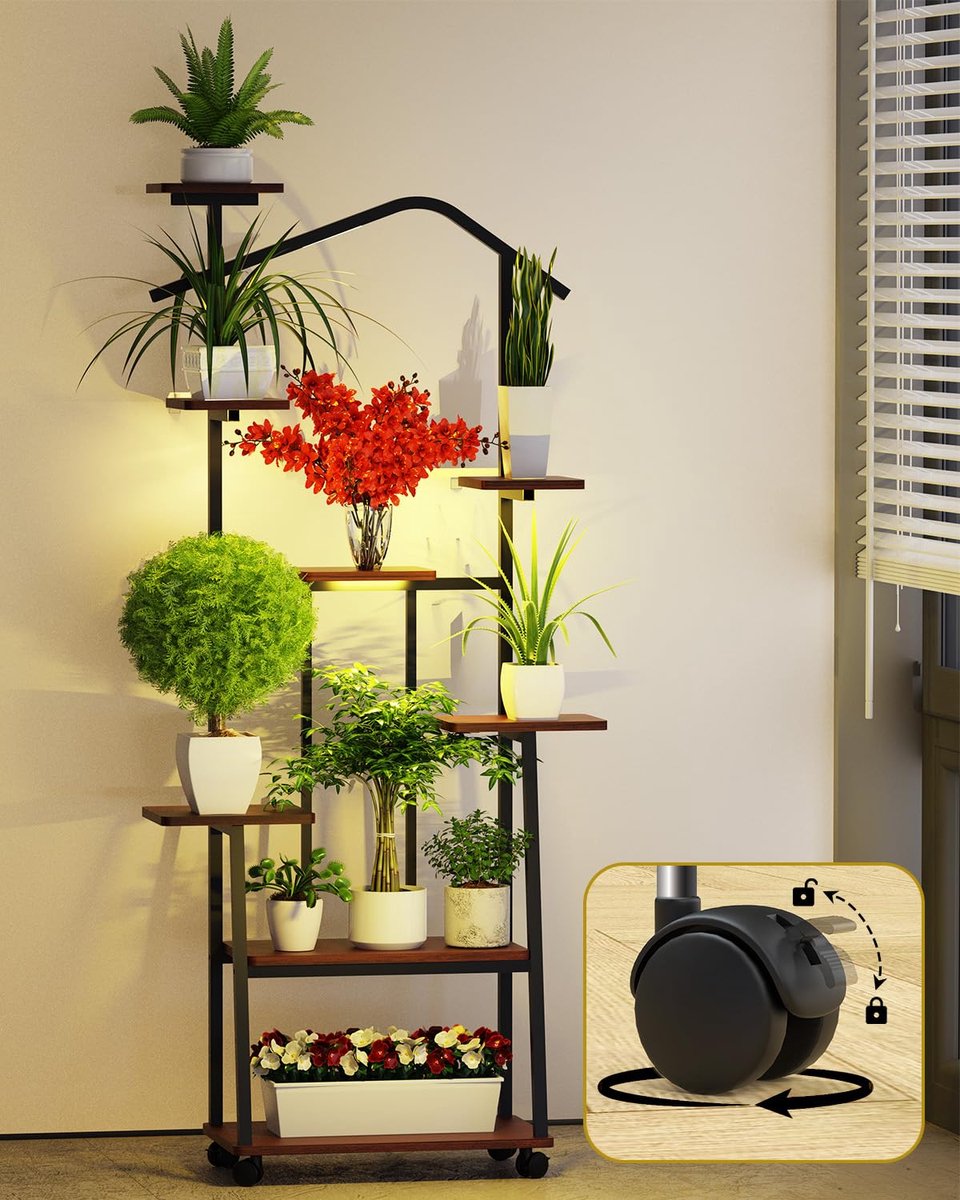 Plantenstandaard met kweeklampen - 8-laags plantenrek voor binnen, 158 cm metalen houten plantenrek - Decoratief zwart bloemenrek voor binnen balkon