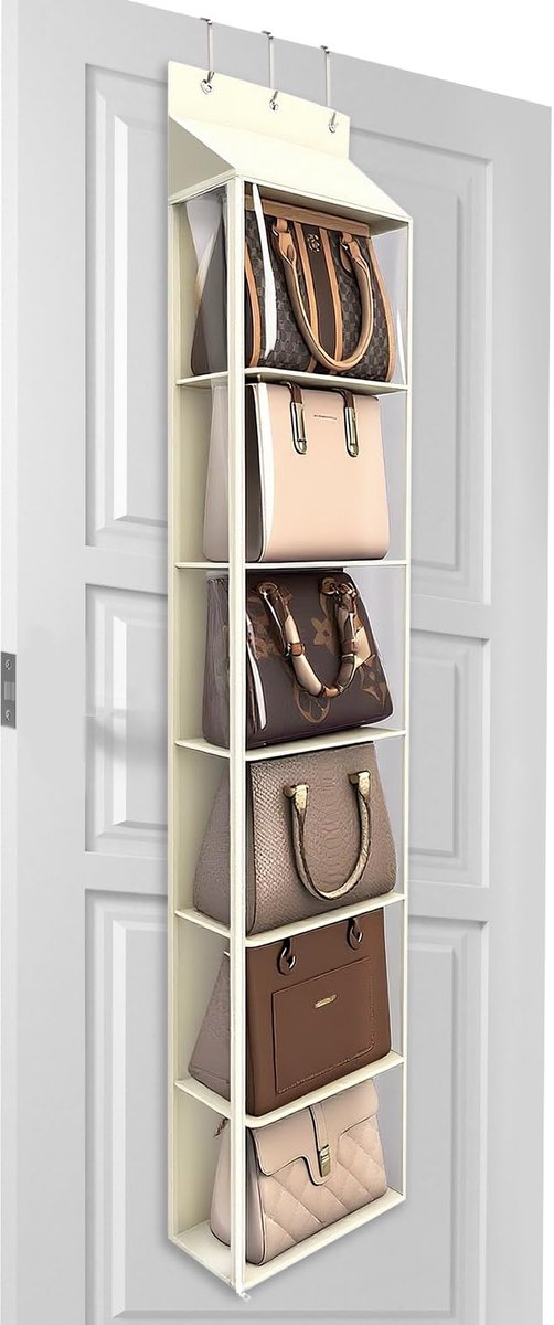 Over The Door Tas Organizer, 6-Vaks Handtas Hang Organizer met Rits, Kledingkast Tas Hanger voor Sjaals, Hoeden, Leggings, 40 x 14.5 x 173 cm, Crème Wit