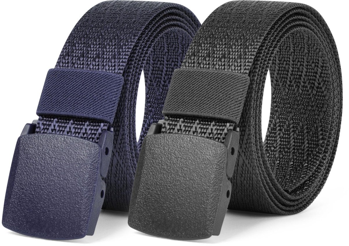 Aomig Nylon riem, 2 stuks, canvas riem zonder gaten voor heren, geruit, voor jeans, vrijetijdsbroek (zwart)