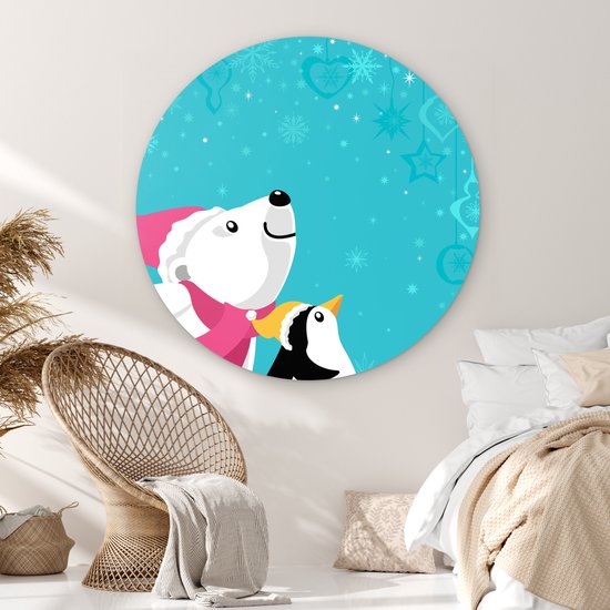 Illustration d'un pingouin et d'un ours polaire sur fond bleu Assiette en plastique cercle mural - ⌀ 150 cm - peinture ronde - impression photo sur cercle mural plastique (forex) / cercle vivant / (décoration murale)