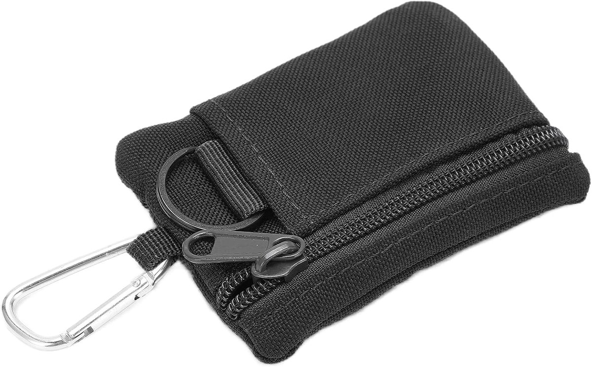Veiyi Mini EDC portemonnee voor heren, outdoor mini-portemonnee heren, EDC-tas pouch met karabijnhaak, voor kamperen, wandelen, fietsen (10,5 x 8 x 1,5 cm) (zwart)